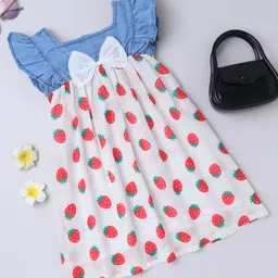 Bright Stars KIDSWEAR Cotton Blend Denim Frill Sleeves Strawberry Printed & Bow Applique Detailed Dress - Blue-picture-21