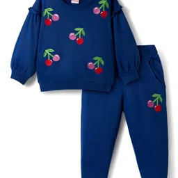 Babyhug Terry Knit Full Sleeves Top & Lounge Pant Set with Cherry Embroidery - Navy Blue-image-92