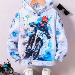 Bolly Lounge Cotton Knit Full Sleeves Biker Printed Light Winter Hooded Sweatshirt - White-picture-13