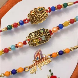 MEIRA JEWELLERY Set Of 3 Beaded Rakhi Comes with Roli Chawal & Card image 1