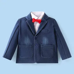 Babyhug Woven Full Sleeves Solid Color 3 Piece Party Suit with Bow - Navy Blue image 2