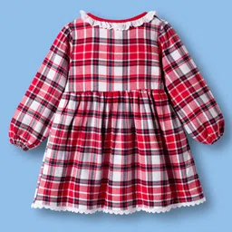 Mark & Mia Woven Full Sleeves Frock with Peter Pan Collar & Lace Detailing with Checks - Red image 2