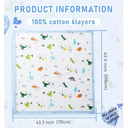 VOIDROP 6-Layer Baby Muslin Blanket110 x 110 cm Organic Cotton mix colored dinosaur Print, Soft & Breathable for Newborns & ToddlersBlue Border, Lightweight Swaddle Blanket image 3