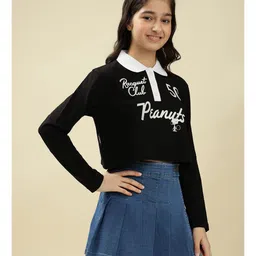 Lil Tomatoes Cotton Knit Full Sleeves Peanuts Featuring Snoopy & Peanuts Text Printed Crop Top - Black image 4