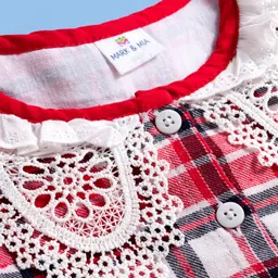 Mark & Mia Woven Full Sleeves Frock with Peter Pan Collar & Lace Detailing with Checks - Red image 3