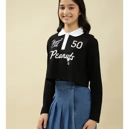 Lil Tomatoes Cotton Knit Full Sleeves Peanuts Featuring Snoopy & Peanuts Text Printed Crop Top - Black image 5