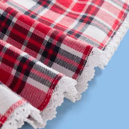 Mark & Mia Woven Full Sleeves Frock with Peter Pan Collar & Lace Detailing with Checks - Red image 4