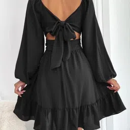 VERMA CREATION Women Solid Gathered or Pleated Puff Sleeve Fit & Flare Above Knee Dress image 4