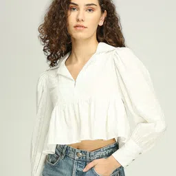 IZEL Women Shirt Collar Peplum Crop Top-image-26