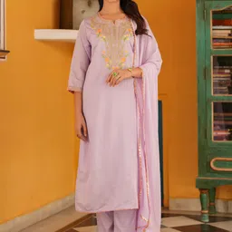 SCAKHI Women Lavender Chanderi Silk Zari Embroidered Straight Suit Set-picture-39