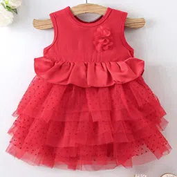 Mark & Mia Sleeveless Partywear Frock Style Onesie with Frill Detailing & Floral Corsage - Red-picture-16