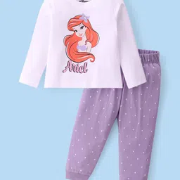Babyhug Disney Single Jersey Knit Full Sleeves Night Suit With Disney Princess Ariel Graphics - White & Purple-picture-25