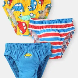 Babyhug 100% Cotton Single Jersey Knit Antibacterial Briefs With Striped & Vehicle Print Pack Of 3 - Blue Red & Yellow-picture-13