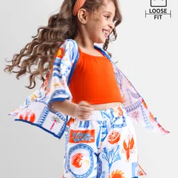 ollington st. Ollington St.Woven Tree Printed Half Sleeves Shrug & Shorts Set with Inner Top - Multicolour image 1