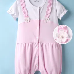Mark & Mia Cotton Knit Half Sleeves Romper with Frill & Floral Applique - Pink & White-picture-15