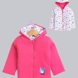 BUMZEE Cotton Knit Full Sleeves Animal Printed & Embroidered Hooded Reversible Jacket - Dark Pink & White-picture-32