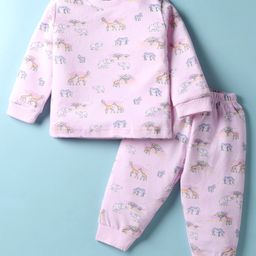 Zero Interlock Knit Full Sleeves Co-Ord Night Suit with Animal Print - Pink-picture-32