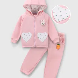 Mark & Mia Full Raglan Sleeves Winter Hooded T-Shirt & Lounge Pant Set With Floral Print & Bunny Applique - Pink-picture-17