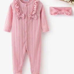 Mark & Mia Full Sleeves Footed Front Open Romper with Headband Bow Applique & Cable Knit Design - Pink-picture-31