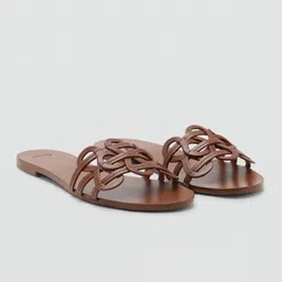 MANGO Women Floral Self Design Leather Open Toe Flats-picture-12