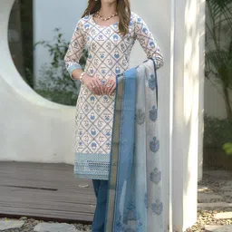 THE52 Floral Printed Round Neck Pure Cotton Straight Kurta With Trousers & Dupatta-picture-28