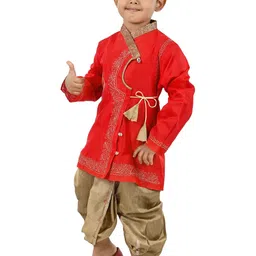 NEW GEN Boys Ethnic Motifs Embroidered Angrakha Thread Work Kurta with Dhoti Pants image 3