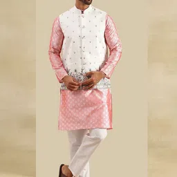 SOJANYA Geometric Woven Design Band Collar Straight Kurta With Pyjama & Nehru Jacket-picture-34