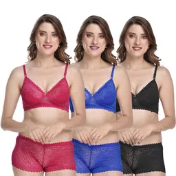 samvar Women Pink,Blue,Black Net Bra Panty Set for Lingerie Set Undergarments Pack of 3-picture-16