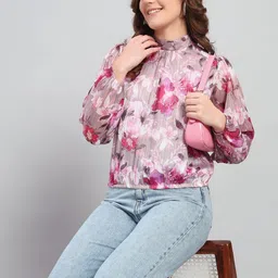 DressBerry Women Pink Chiffon Floral Print Top-image-94