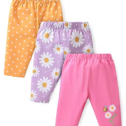 Babyhug Cotton  Lycra Knit Three Fourth Leggings  Floral Print Pack of 3 -Pink Purple & Yellow-picture-24