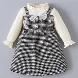 Kookie Kids Full Peasant Sleeves Checkered Frock With Bow Applique - Black-picture-19