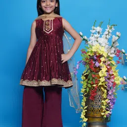 Little Bansi Chanderi Cotton Sleeveless Lace & Sequin Embellished Kurta Palazzo With Dupatta Set - Maroon-picture-32