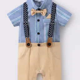 Mark & Mia Cotton Half Sleeves Striped Collared Party Romper with Suspender & Bow Applique - Blue & Beige-picture-24