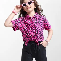 Ollington St. Cotton Leopard Printed Half Sleeves Shirt Top & Shorts Set - Dark Pink & Black-image-51
