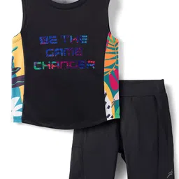 Pine Active Knit Sleeveless T-Shirt & Shorts Set with Be The Game Changer Text Print - Black-picture-20