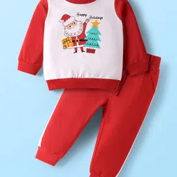 Doodle Poodle 100% Cotton Looper Terry Knit Full Sleeves T-Shirt & Lounge Pant Set With Santa Claus Print - White & Red-picture-13