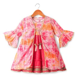 Babyhug WovenTie & Dye Printed Ethnic Dress with Floral Zari Booti Detailing & Three Fourth Sleeves Shrug - Dark Pink image 2