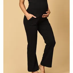 The Mom Store Pack Of 3 Cotton Spandex Solid Maternity Track Pants - Olive Green Navy Blue & Black image 3