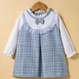 ToffyHouse Looper Woven Full Sleeves Checks Frock With Bow Applique & Stockings - Light Blue & White image 2
