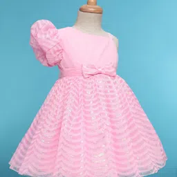 Babyhug Woven Half Sleeves Party Dress With Bow Corsage & Sequin Design- Pink image 3