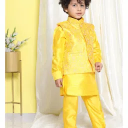AJ Dezines Full Sleeves Solid Kurta & Pyjama With Geometry Design Sequin Embellished & Embroidered Jacket - Mustard Yellow image 5