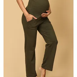 The Mom Store Pack Of 3 Cotton Spandex Solid Maternity Track Pants - Olive Green Navy Blue & Black image 5