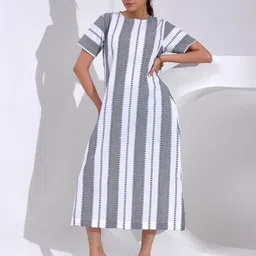 SIDDHO HUM Women Striped Round Neck Cotton Midi Dress-picture-13
