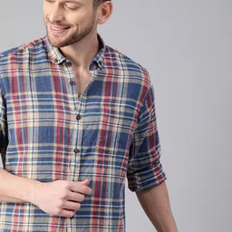 Mast & Harbour Checked Button-Down Collar Cotton Linen Casual Shirt-picture-29