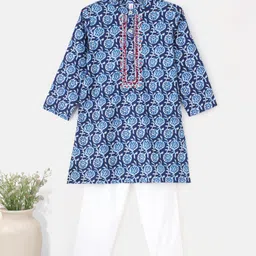 Babyhug 100% Cotton Full Sleeves Kurta With Payjama Set Embroidered - Blue-picture-19