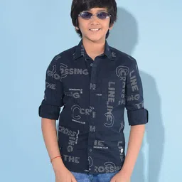 CRIMSOUNE CLUB Full Sleeves The Crossing Line Text Printed Shirt - Navy Blue-picture-18