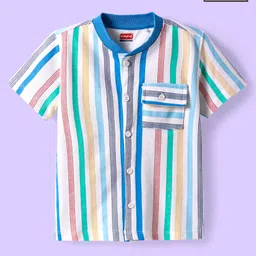 Babyhug Cotton Knit Half Sleeves Mandarin Collar Striped Shirt - White-picture-11