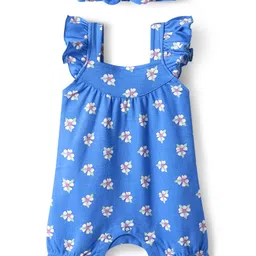 Babyhug Interlock Knit Sleeveless Romper With Floral Print & Headband - Blue-picture-19