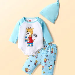 Babyhug 100% Cotton Knit Full Raglan Sleeves Onesies with Leggings & Cap With Teddy Print - Light Blue & White-picture-18