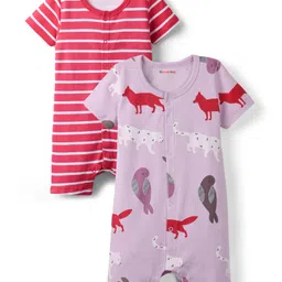 kookie kids india Kookie Kids Interlock Knit Half Sleeves Front Open Striped Rompers with Animal & Birds Print Pack of 2 - Red & Lavender image 1